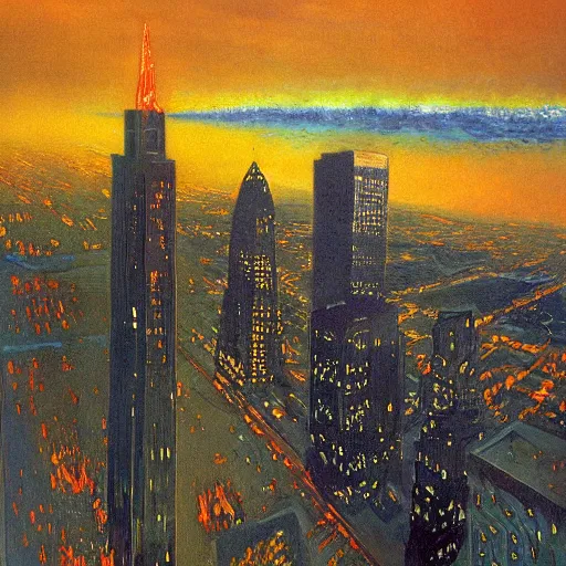 Image similar to impressionistic full - color painting of a distorted mirror reflecting a nightmarish aerial view of boston downtown skyline in 1 9 2 5 at night with a horrifying sky, aerial view, dark, brooding, night, atmospheric, horror, cosmic, ultra - realistic, smooth, highly detailed by dave dorman