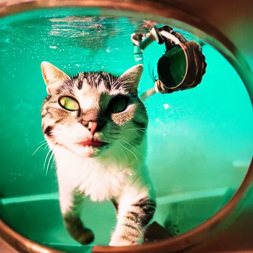 Image similar to photograph of cat wearing diving gear swimming in a vat of acid