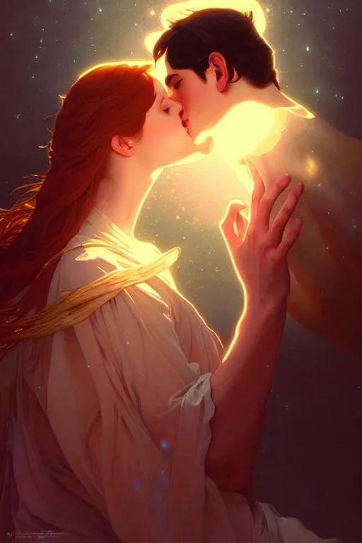 Image similar to the kiss, light from above, fantasy, portrait, sharp focus, intricate, elegant, digital painting, artstation, matte, highly detailed, concept art, illustration, ambient lighting, art by ilya kuvshinov, artgerm, alphonse mucha, and greg rutkowski