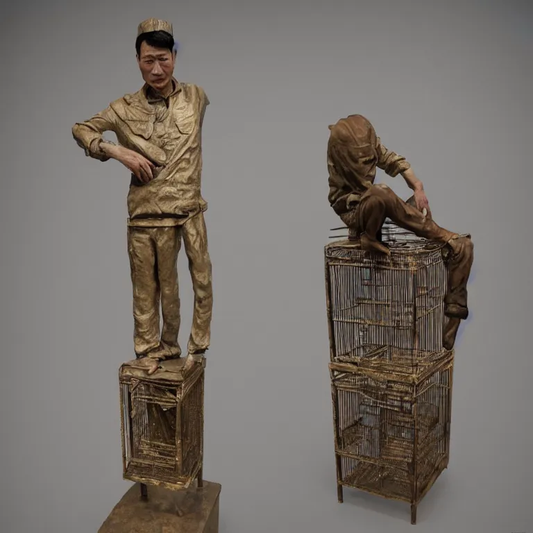 Image similar to hyperrealistic sculpture of a fossilized bronze male uyghur prisoner in a cage made of low poly acrylic on a pedestal by ron mueck and duane hanson and lee bontecou, hyperrealistic dramatic colored lighting trending on artstation 8 k