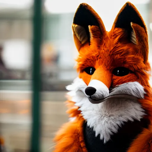 Image similar to portrait of a realistic fox fursuit at a furry convention, indoors, midday, realisitc bokeh photo