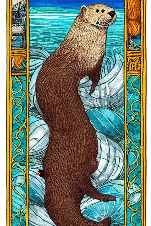 Image similar to tarot card illustration depicting a sea otter on the card the seven of clams, framed in an elaborate rectangular border, tarot card, detailed illustration, sea otter, furry art, artstation, 4 k