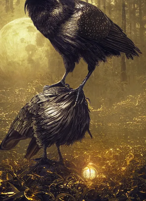 Image similar to best book cover design, glowing silver and golden elements, full close-up portrait of realistic crow with gems, book cover, green forest, white moon, establishing shot, extremly high detail, photo-realistic, cinematic lighting, by Yoshitaka Amano, Ruan Jia, Kentaro Miura, Artgerm, post processed, concept art, artstation, matte painting, style by eddie mendoza, raphael lacoste, alex ross