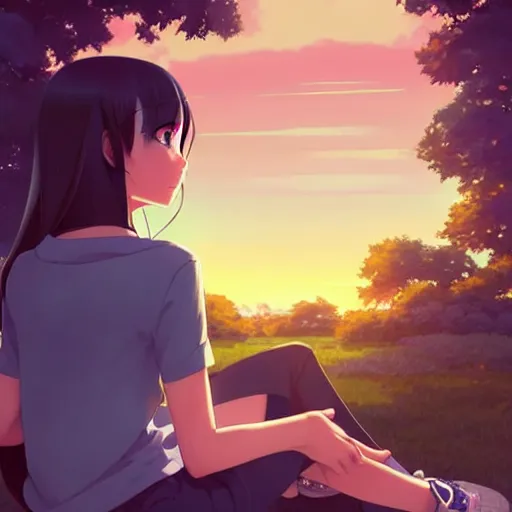 Prompt: a beautiful girl with long dark hair, sitting in the park next to a young boy who has dark hair, sunset, evening, sharp focus, intricate, artstation, official media, anime key visual, highly detailed, rich vivid colors, ambient lighting, illustration, art by Artgerm, Makoto Shinkai, Ilya Kuvshinov, Lois Van Baarle, and Rossdraws