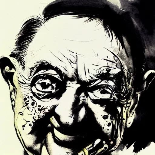 Image similar to George Soros by Ralph Steadman, illustration, body horror, biopunk