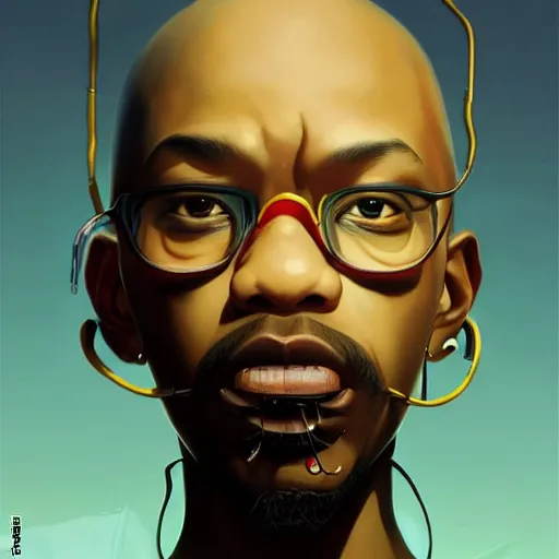 Image similar to bald afro - cyberpunk man with a goatee, manifesting dreams with ancestral magic in a modern world | hyperrealistic oil painting | by makoto shinkai, ilya kuvshinov, lois van baarle, rossdraws, basquiat | afrofuturism, in the style of surrealism, trending on artstation | dark color scheme