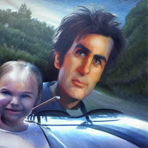 Prompt: Giant head of david copperfield on a humanoid car, running fast on a californian highway, rays of light, particles light, kuvshinov ilya