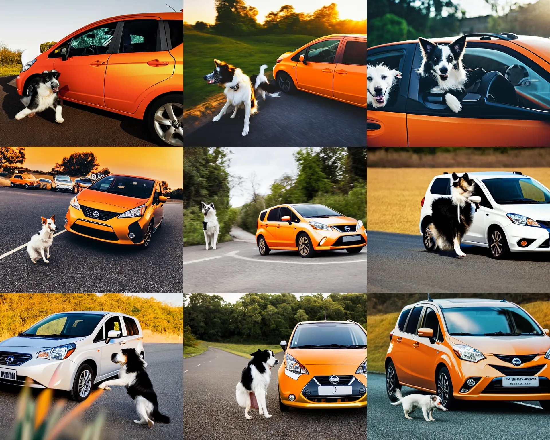 Prompt: a dog holding its paws on the wheel of a car, border collie, orange nissan note, car moving fast, award winning photo, golden hour, neil leifer