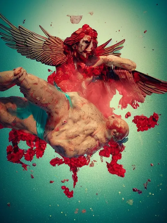 Prompt: a falling man in the form of a Greek sculpture with wings sinking in lake bubbling red wax, skull, flowers, baroque. Trending on artstation instagram. octane render, cinematic, hyper realism, octane render, 8k, depth of field, bokeh. iridescent accents. vibrant. teal and gold and red colour scheme