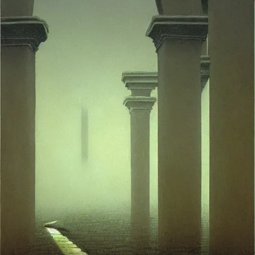 Prompt: arm reaching out of thick fog, symetrical rows of floating stone columns, intricate, zdzislaw beksinski