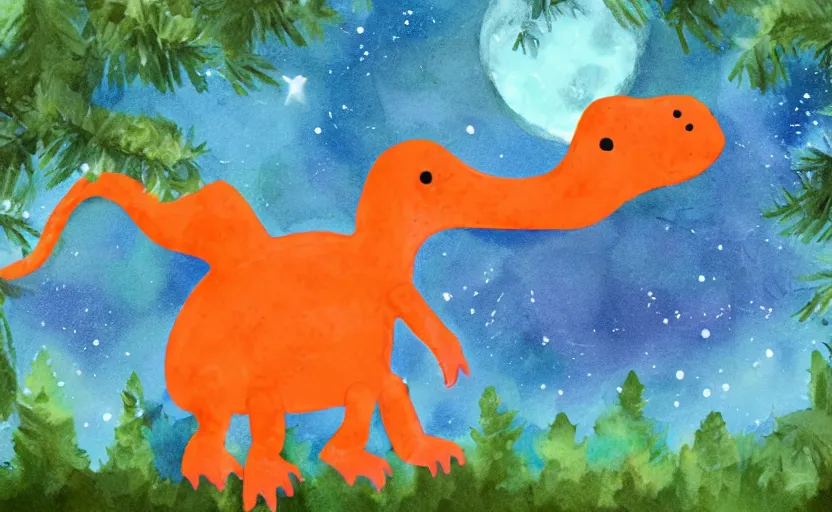 Prompt: a friendly orange dinosaur walking in the forest at night, moon, stars, water color, digital art