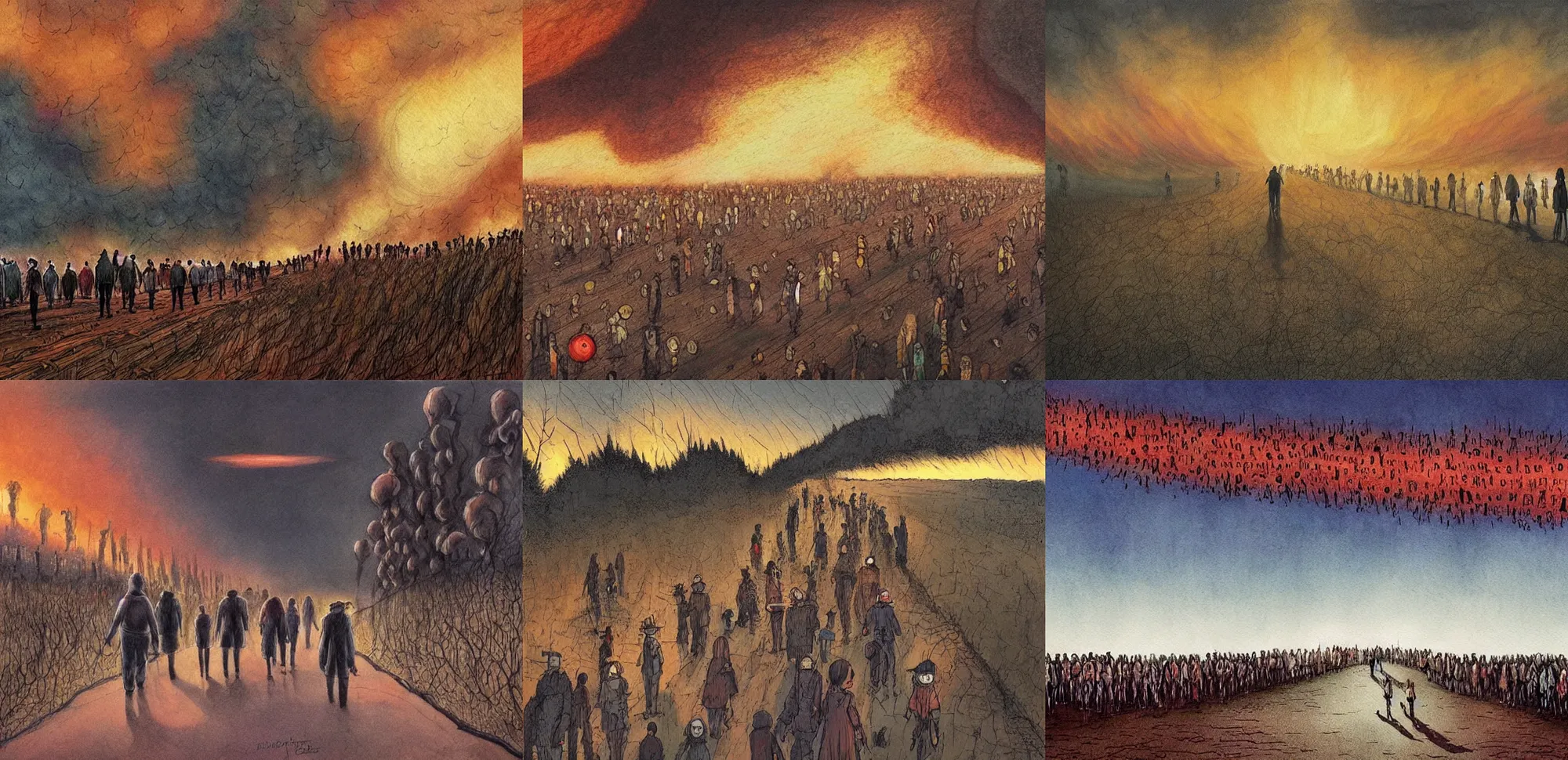 Prompt: a beautiful painting of a line of people walking into the distance, fire on the horizon, by marc simonette and alexander jansson, junji ito, concept art