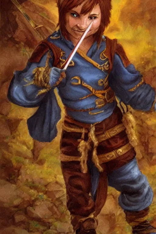 Image similar to artwork of an halfling bard in the style of everquest 1 9 9 9