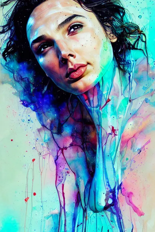 Prompt: gal gadot by agnes cecile enki bilal moebius, intricated details, sitting on a stool, full body portrait, extremely luminous bright design, pastel colours, drips, autumn lights