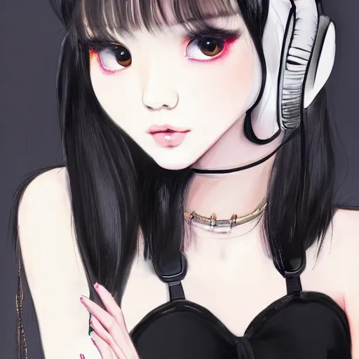 Image similar to realistic beautiful gorgeous curvy natural cute Blackpink Lalisa Manoban black hair cute fur black cat ears, wearing white camisole, headphones, black leather choker artwork drawn full HD 4K highest quality in artstyle by professional artists WLOP, Taejune Kim, Guweiz on Pixiv Artstation