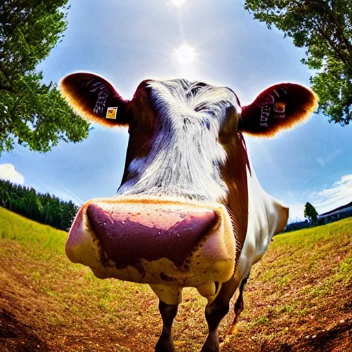 Prompt: fish eyed view of a cow