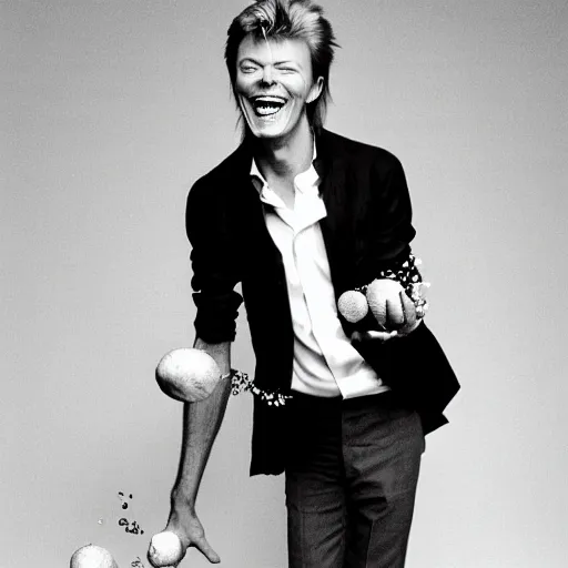 Prompt: david bowie laughing at the too many limes he is trying to carry in his hands