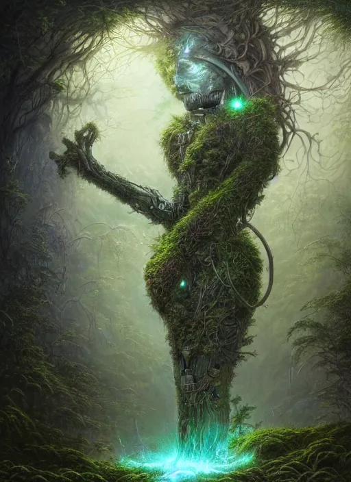 Image similar to Portrait of an Ancient Robot with a tree growing out of its head, patches of moss, translucent leaves, extremly detailed digital painting, in the style of Tomasz Alen Kopera and Fenghua Zhong and Peter Mohrbacher, mystical colors, rim light, beautiful lighting, 8k, stunning scene, raytracing, octane, trending on artstation