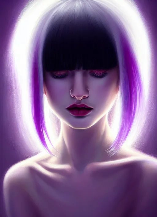 Image similar to hair whitebangs hair, black hair, whitebangs, portrait of teenage girl with white bangs, red irises, purple clothes, white bangs, bangs are different color from hair, intricate, elegant, glowing lights, highly detailed, digital painting, artstation, concept art, smooth, sharp focus, illustration, art by wlop, mars ravelo and greg rutkowski