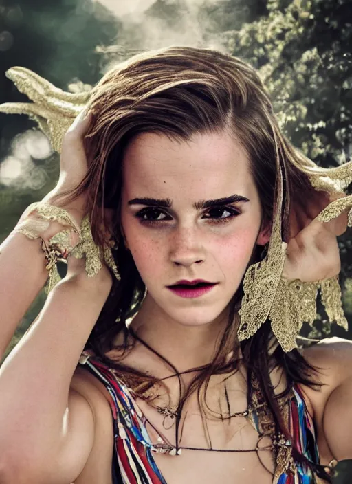 Image similar to Emma Watson for Victorian Secret, perfect face, hot summertime hippie, psychedelic swimsuit, swimming pool in castle, cloudy day, full length shot, XF IQ4, 150MP, 50mm, f/1.4, ISO 200, 1/160s, natural light, Adobe Photoshop, Adobe Lightroom, DxO Photolab, Corel PaintShop Pro, rule of thirds, symmetrical balance, depth layering, polarizing filter, Sense of Depth, AI enhanced