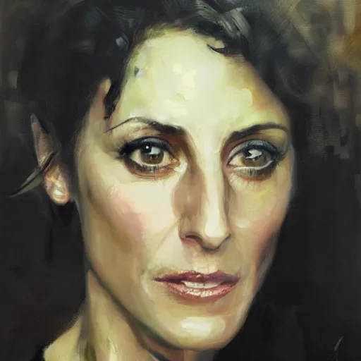 Image similar to face protrait of lisa edelstein, realistic, ultrahd, jeremy mann painting