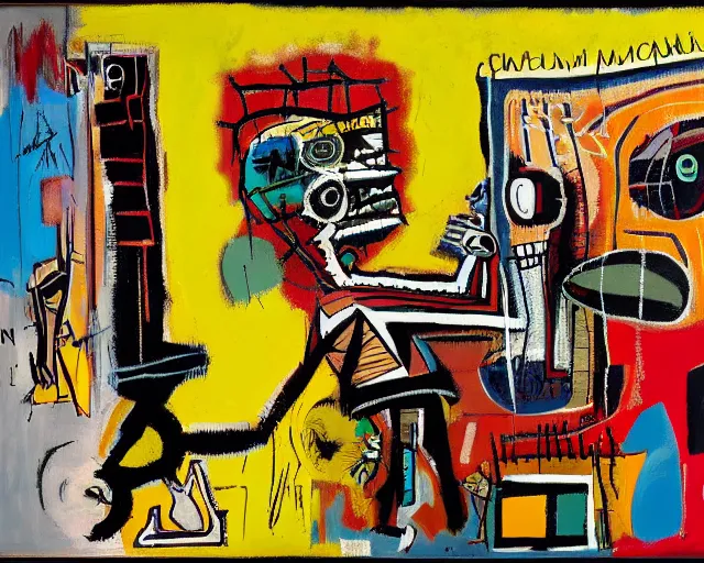 Image similar to painting of a cyborg questioning his reality by graham sutherland, basquiat, neo - expressionism, muted colors