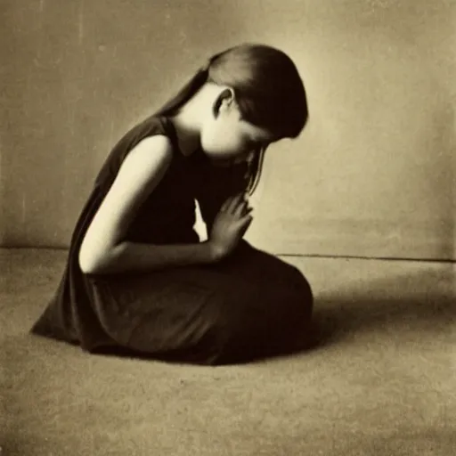 Prompt: vintage photo of a young girl praying