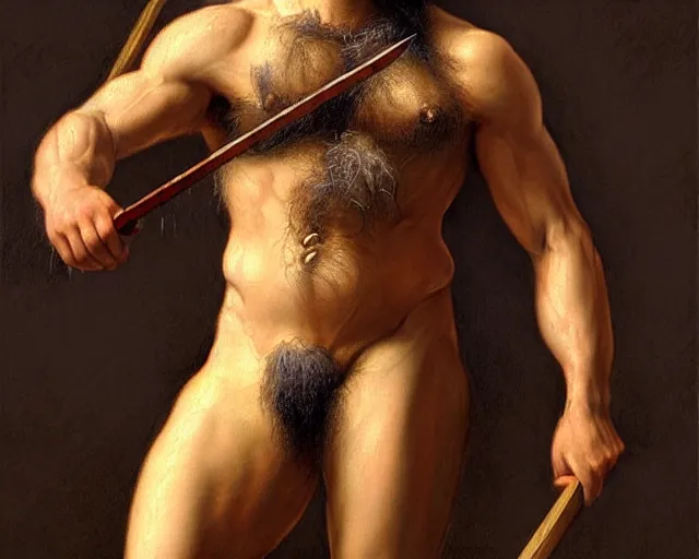 Image similar to renaissance painting full body portrait of a gruff ranger with a spear, lean and toned, handsome face, hairy chest and hairy body, D&D, intricate, elegant, highly detailed, digital painting, artstation, concept art, matte, sharp focus, chiaroscuro, well list, illustration, art by Artgerm and Greg Rutkowski and Alphonse Mucha