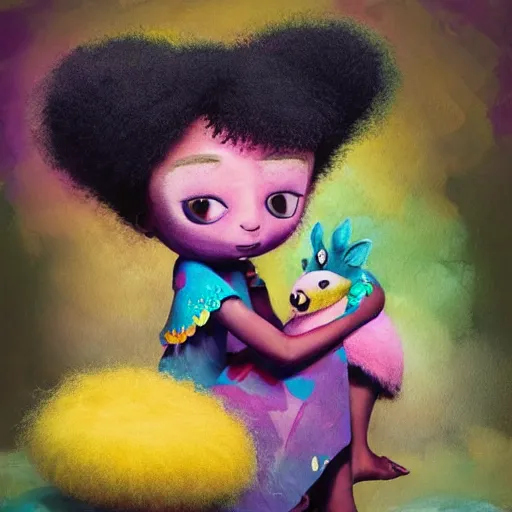 Image similar to a black princess girl with a colorful afro and big beautiful eyes playing with her furry pet, bright colours, watercolor, volumetric wool felting, macro photography, children illustration, by goro fujita