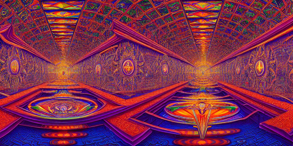 Image similar to cinematic view of the inside of a dmt cathedral filled with intricate and perfect patterns surrounded by infinite rooms, moebius, alex grey, oil on canvas, masterpiece, trending on artstation, featured on pixiv, cinematic composition, sharp, details, hyper - detailed, hd, hdr, 4 k, 8 k