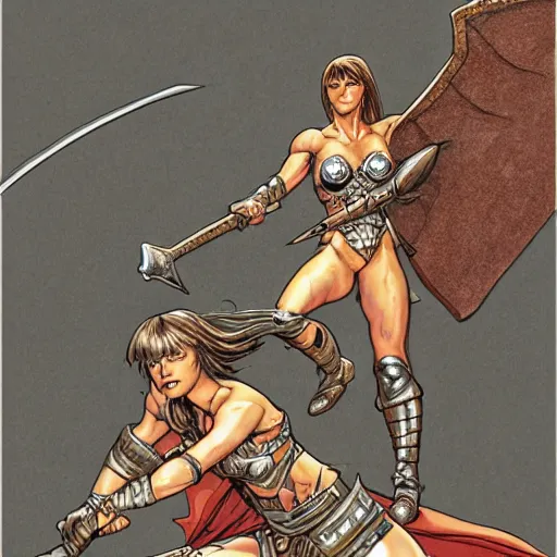 Prompt: a muscular bronze - skinned silver - eyed woman warrior wearing xena armor, holding a sword aloft, riding a flying dinosaur, highly detailed, ron cobb, moebius, heavy metal magazine, mike mignola, trending on art station, illustration, comic book