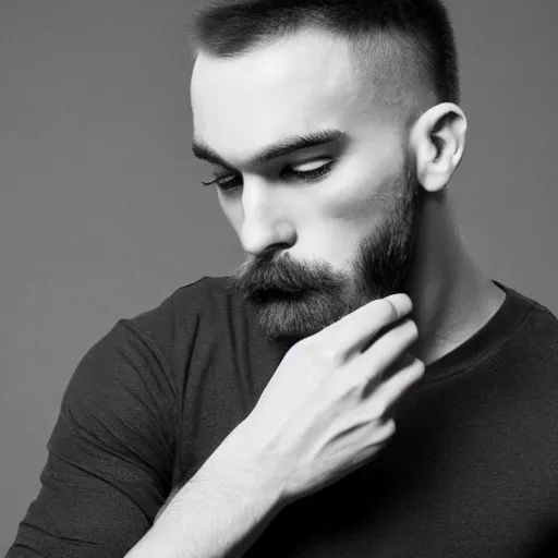 Prompt: young man square jawline, black and white, super strong, short boxed beard
