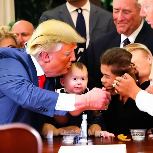 Image similar to Donald Trump arm wrestling a baby, paparazzi