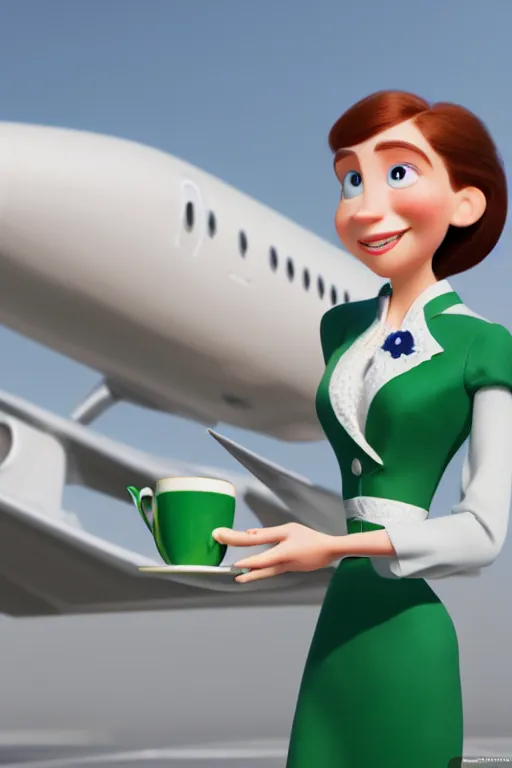 Prompt: portrait of female flight attendant green eyes holding white teacup with interior of airplane in background, full body. pixar disney 4 k 3 d render funny animation movie oscar winning trending on artstation and behance, ratatouille style