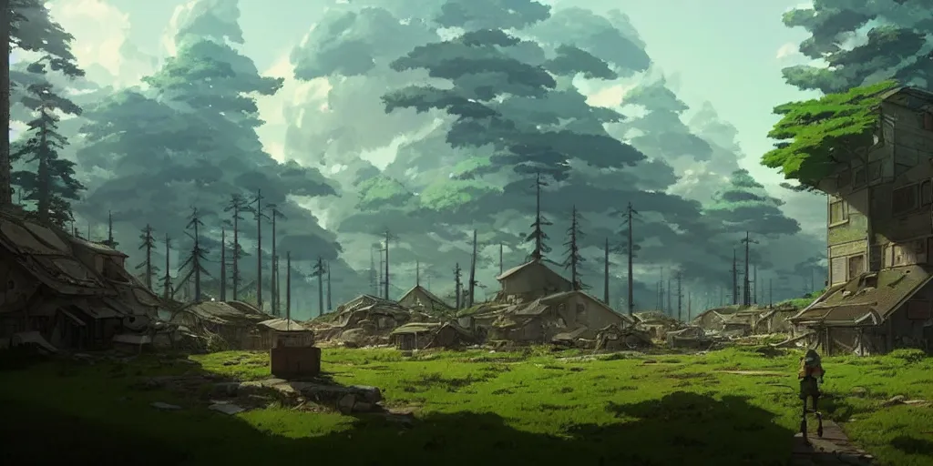 Prompt: a wholesome animation key shot of a post apocalyptic military outpost, covered by nature hipster vibes by studio ghibli, animation, sharp, rendered in unreal engine 5, focused, anime key art by greg rutkowski, bloom, dramatic lighting