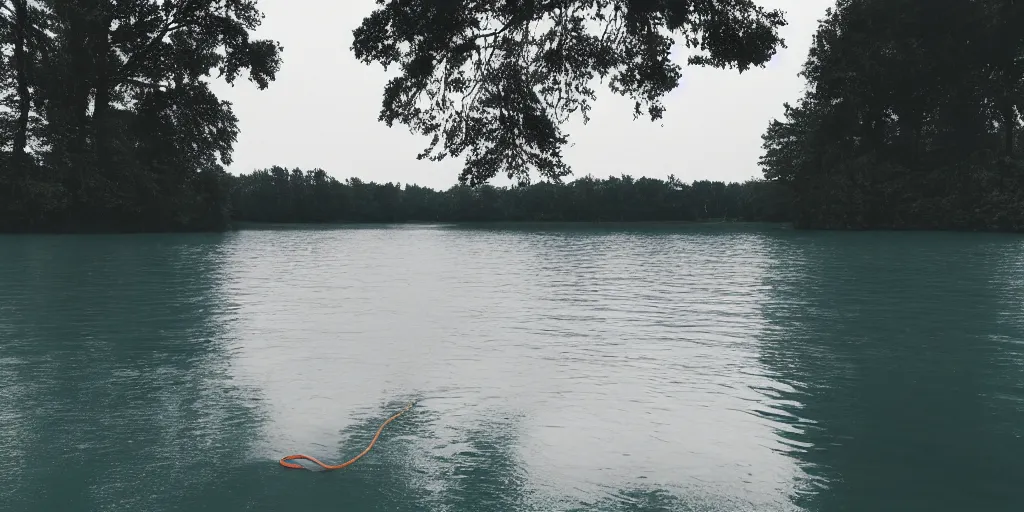 Image similar to symmetrical photograph of an infinitely long rope submerged on the surface of the water, the rope is snaking from the foreground towards the center of the lake, a dark lake on a cloudy day, trees in the background, moody scene, anamorphic lens