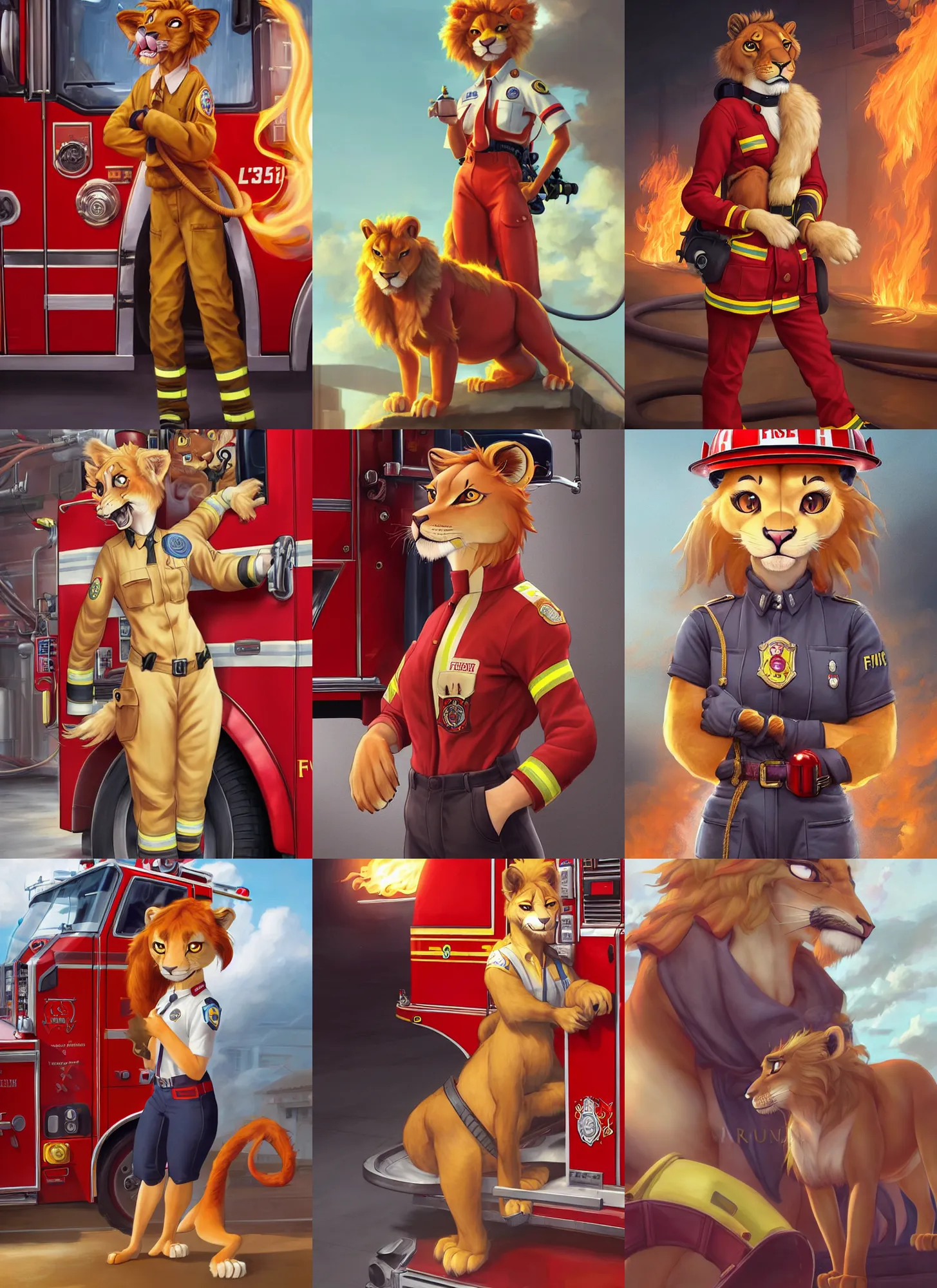 Prompt: beautiful portrait of a female anthropomorphic lioness fursona wearing a fire fighter uniform at the fire station with a fire truck. character design by disney, charlie bowater, ross tran, artgerm, and makoto shinkai, detailed, soft lighting, rendered in octane