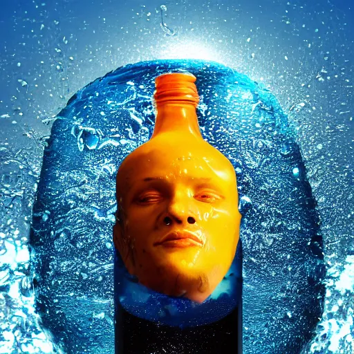 Image similar to a human head stuffed in a bottle, on the ocean water, futuristic, glowing, hyper realistic, ray tracing, realistic water splashes, sharp focus, long shot, 8 k resolution, cinematic, photoshop art