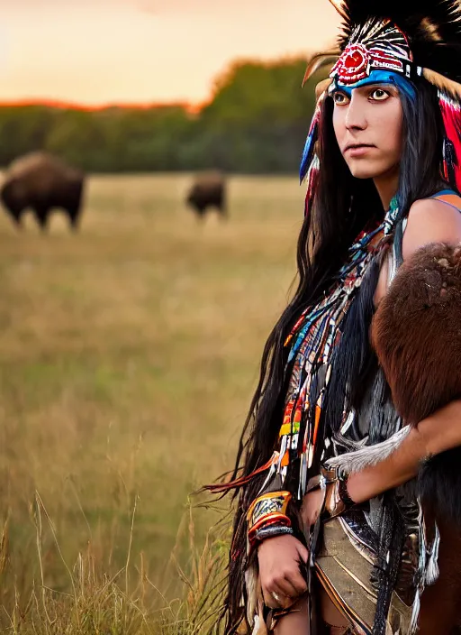 Prompt: hyper detailed photo of an American Indian warrior princess wearing a headdress, in a field with a bison at sunset, long black hair, maximalist, hd, 8k, muted colors,