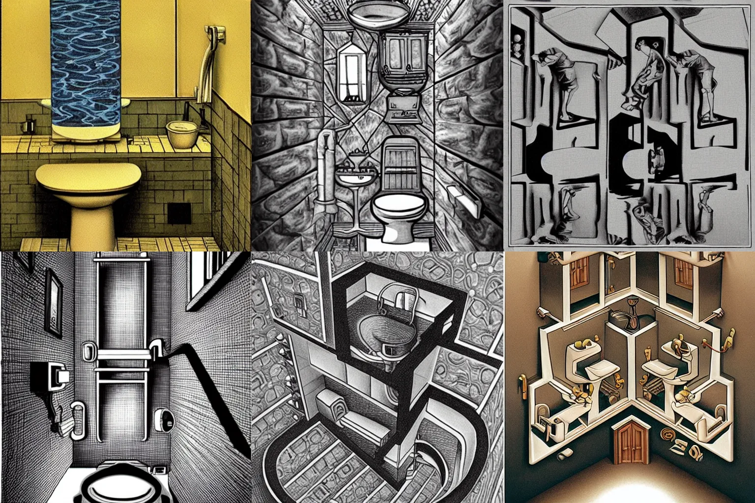 Prompt: a clogged toilet in the style of mc escher