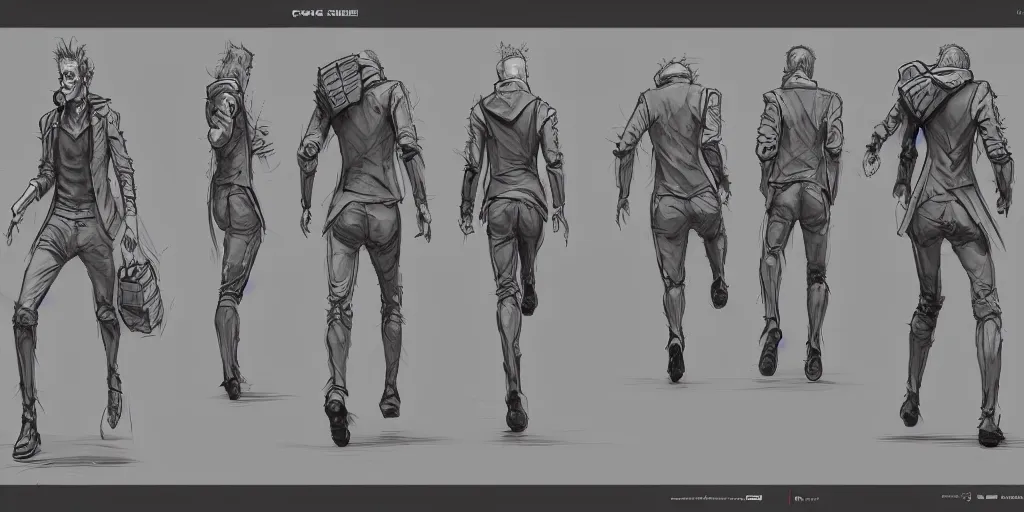 Image similar to cartoonish peter capaldi running, character sheet, fine details, concept design, contrast, kim jung gi, greg rutkowski, trending on artstation, 8 k, full body, turnaround, front view, back view, ultra wide angle