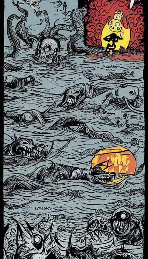 Image similar to man on boat crossing a body of water in hell with creatures in the water, sea of souls, by jhonen vasquez