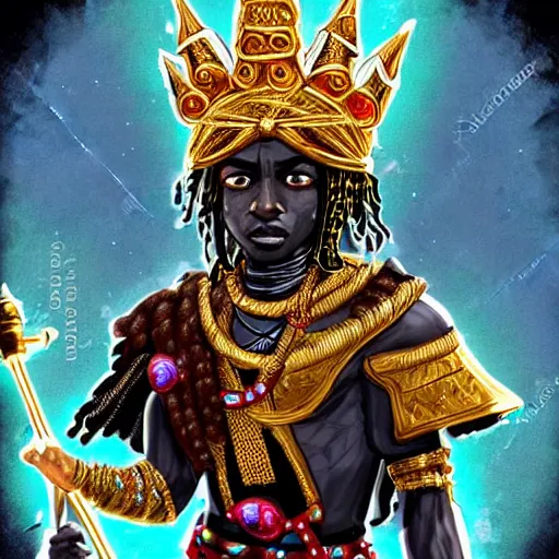 Image similar to a young black boy dressed like an african moorish warrior, wearing golden armor and a crown with a ruby and a black diamond in his forehead, posing with a very ornate glowing electric spear!!!!!!!!, for honor character digital illustration portrait design, by android jones in a psychedelic fantasy style, dramatic lighting, hero pose, wide angle dynamic portrait