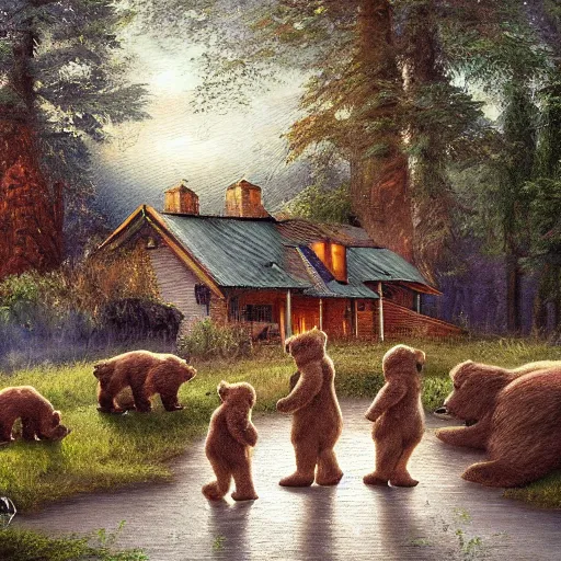 Image similar to cottage with three humanoid bear cubs in front, aesthetic, oil painting, pale colors, high detail, 8 k, wide angle, trending on artstation,
