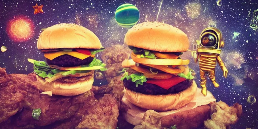 Prompt: a dream of time gone by, where I was eating burgers and not so hungry, realistic, out of this world, alien, sleepy, on a mini world, the little prince from outer space, colorful, gangly, dream, vial of stars, metallic, satisfying render, tiny people devouring food