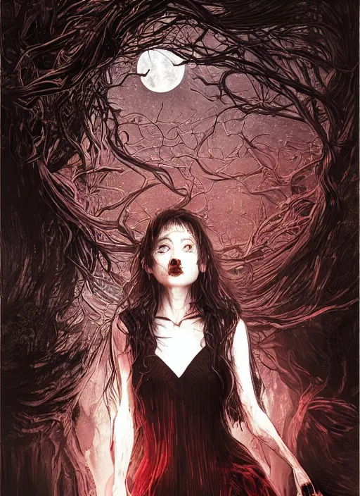 Image similar to portrait, A witch in front of the full big moon, book cover, red white and black colors, dramatic lighting, cinematic, establishing shot, extremly high detail, foto realistic, cinematic lighting, intricate line drawings, by Yoshitaka Amano, Ruan Jia, Kentaro Miura, Artgerm, post processed, concept art, artstation, matte painting, style by eddie mendoza, raphael lacoste, alex ross