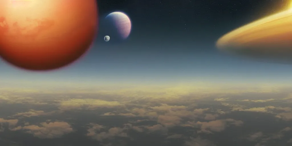 Image similar to blue dreamy cloudscape with a single planet in the clouds, ringed planet, daylight, cinematic lighting, cinematic perspective, syd mead, john harris, federico pelat,