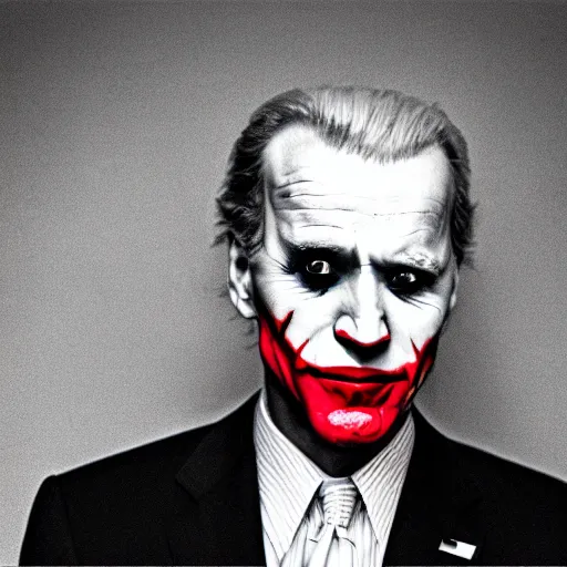 Image similar to portrait of joe biden as the joker, symmetrical, nikon 3 5 mm photography, ultrarealistic