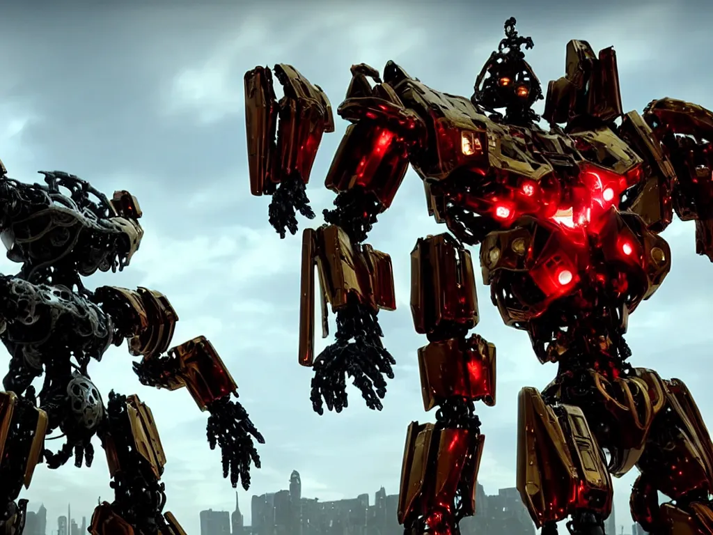 Image similar to a shiny ornate boxing humanoid mecha in ruin city, victory, bright, by war robots, real steel ( 2 0 1 1 ), westworld and eve venture and pacific rim and machine warrior 5, cryengine, frostbite 3 engine, scarlet and yellow scheme, sharp focus, 8 k, high definition, insanely detailed, soft lighting, smooth face