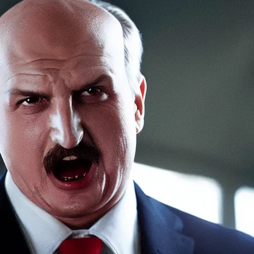 Image similar to Alexander Lukashenko as the American Psycho, staring psychopathically, sweating hard, covered in blood, cinematic still